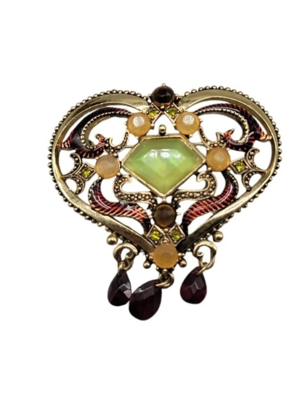 Gold Plated Enamel Heart Pin Green Chalcedony Dangle Glass Rhinestone Art Deco
